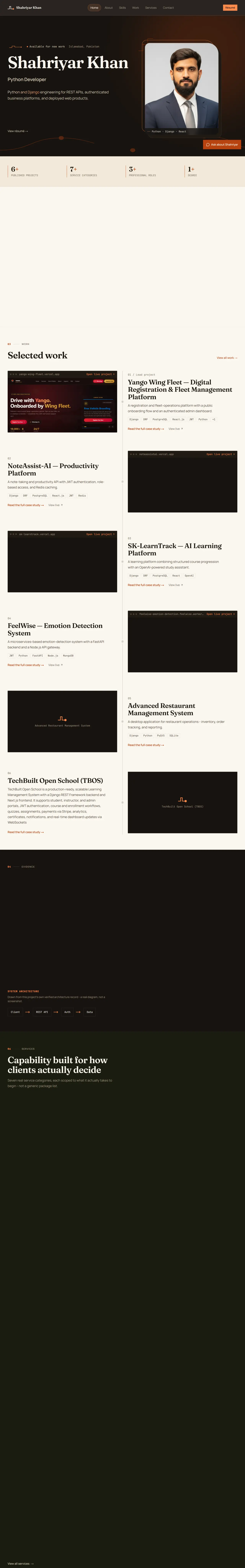 Full-page screenshot of Shahriyar Khan's engineering portfolio platform