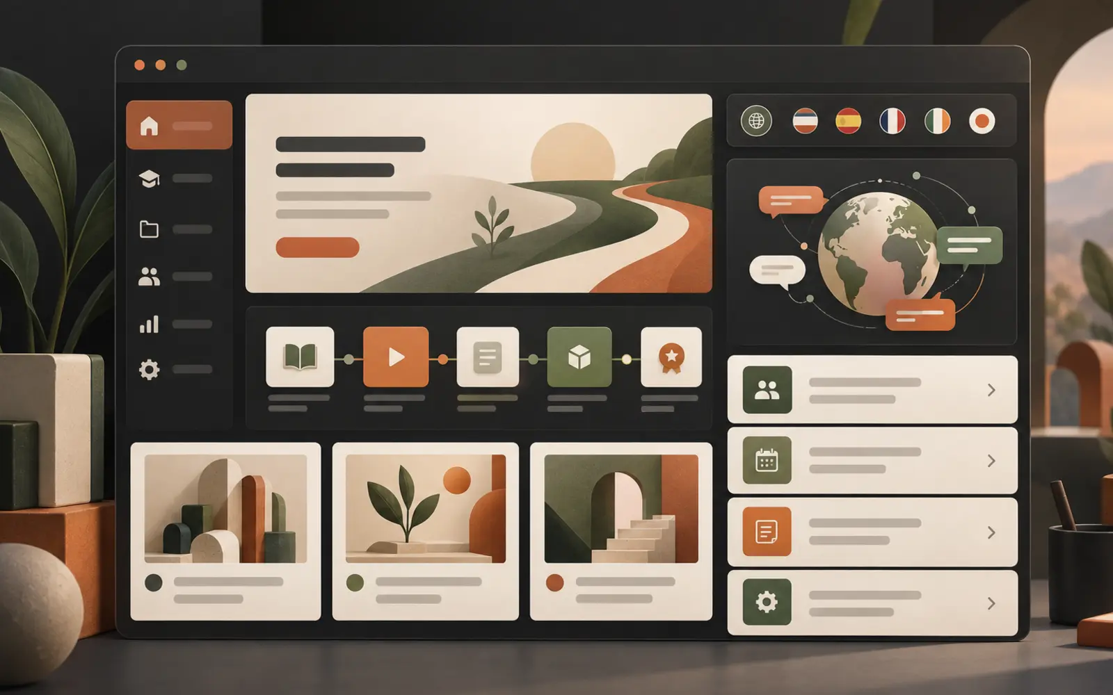 Concept illustration of a multilingual education and learning operations platform