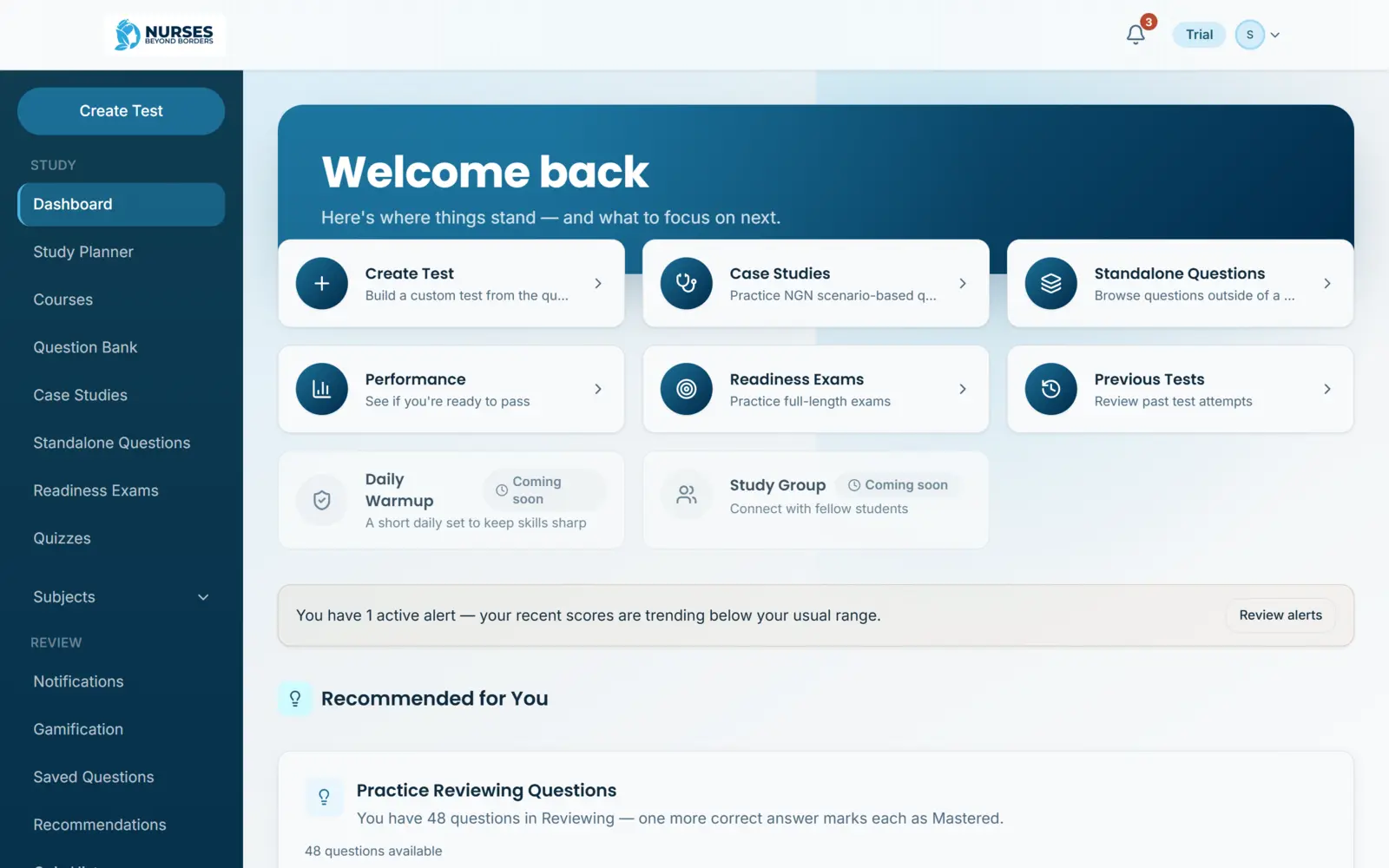 Nurses Beyond Borders learning dashboard with study, exam, and progress tools